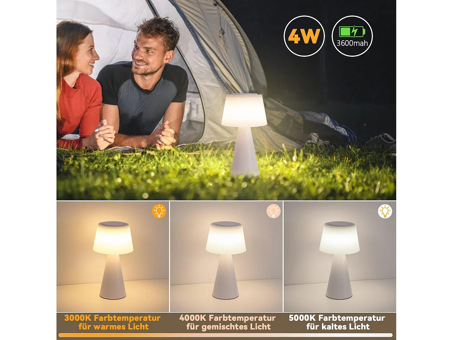 NETTLIFE Lampa stołowa zasilana bateriami, Lampa nocna LED - 3600mhA Bezprzewodowa, ściemnialna Lampa dotykowa z akumulatorem USB Biały
