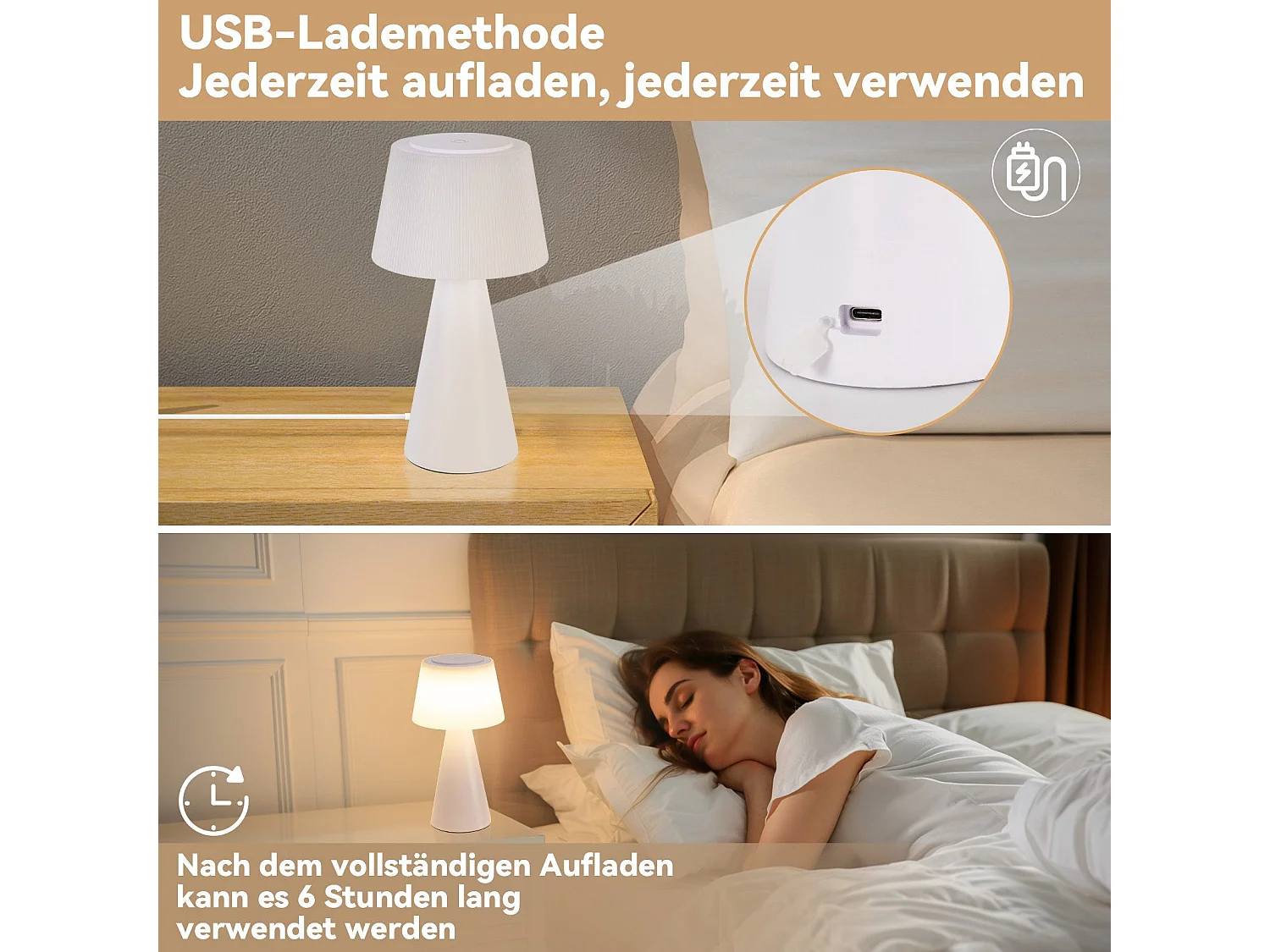 NETTLIFE Lampa stołowa zasilana bateriami, Lampa nocna LED - 3600mhA Bezprzewodowa, ściemnialna Lampa dotykowa z akumulatorem USB Biały