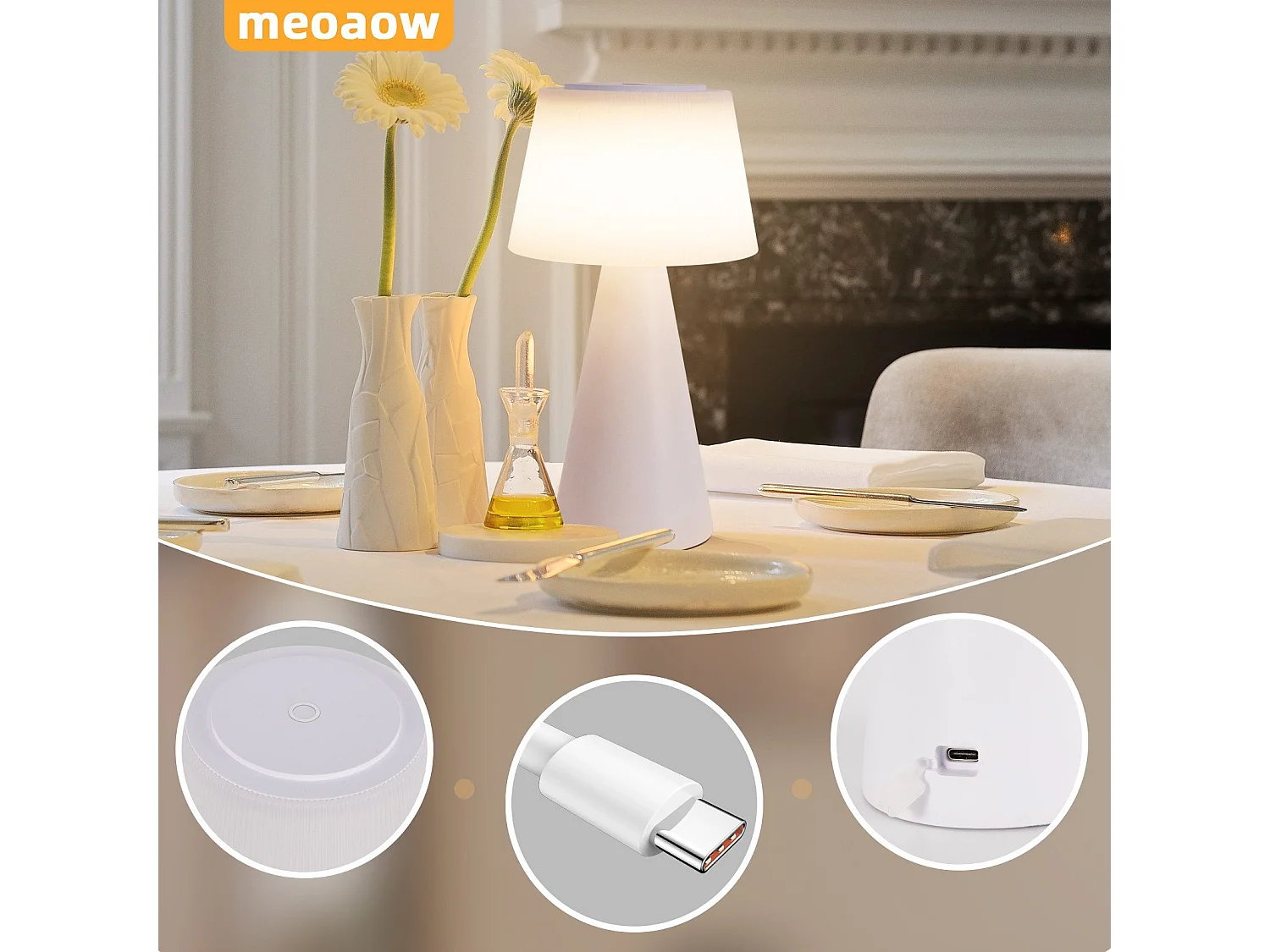 NETTLIFE Lampa stołowa zasilana bateriami, Lampa nocna LED - 3600mhA Bezprzewodowa, ściemnialna Lampa dotykowa z akumulatorem USB Biały