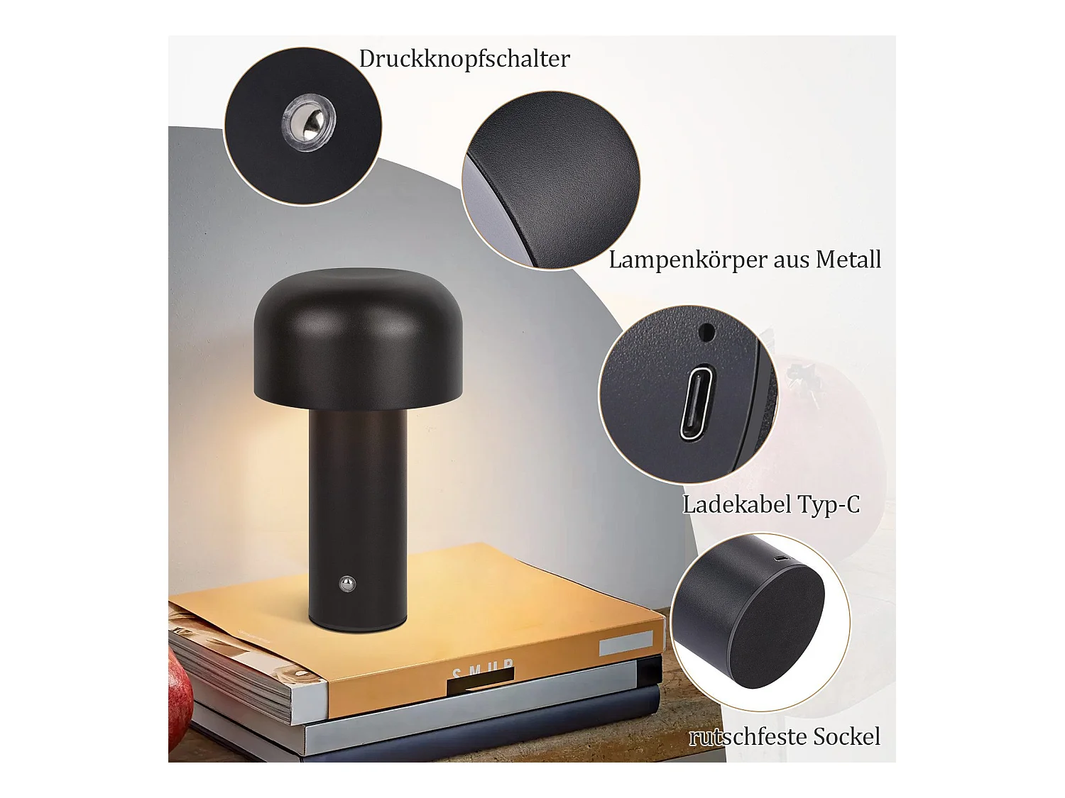 NETTLIFE 2W ściemnialna, zasilana bateryjnie, bezprzewodowa lampa stołowa LED do sypialni, mała lampa w kształcie grzybka