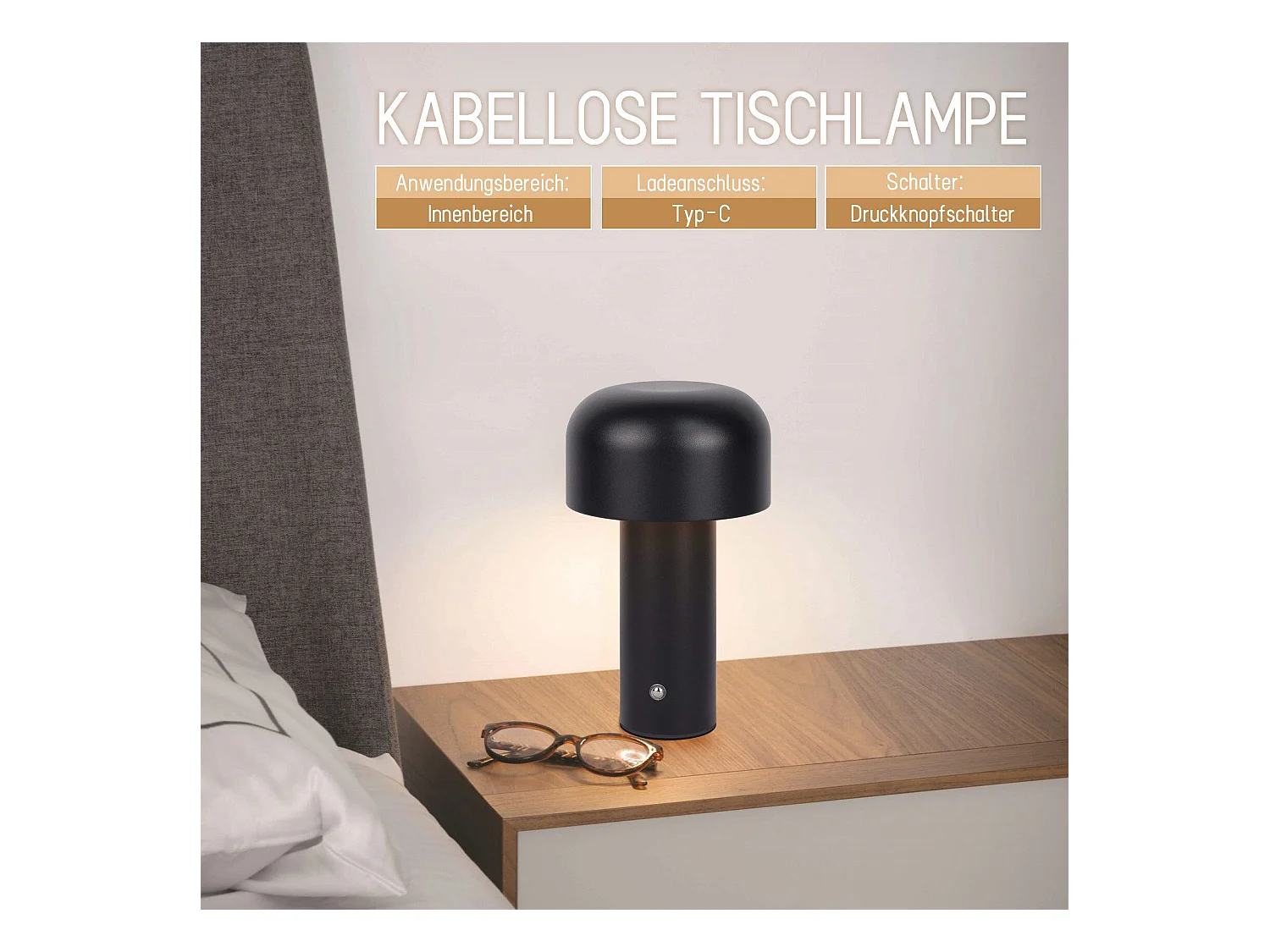 NETTLIFE 2W ściemnialna, zasilana bateryjnie, bezprzewodowa lampa stołowa LED do sypialni, mała lampa w kształcie grzybka