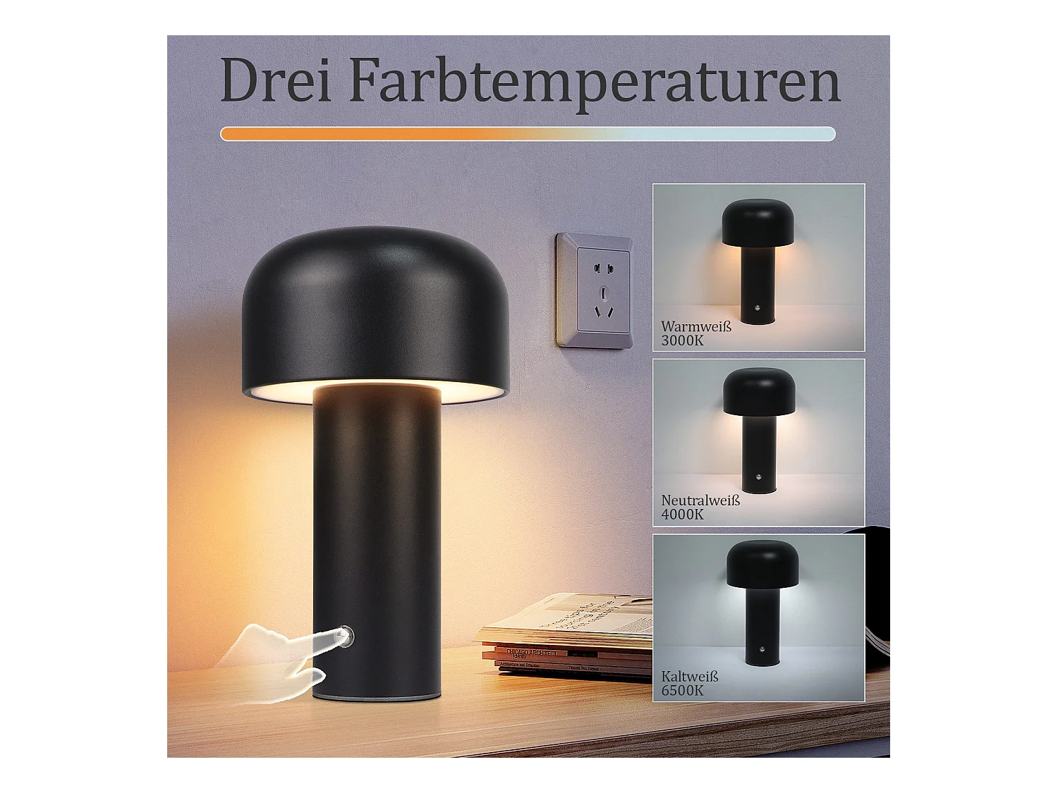 NETTLIFE 2W ściemnialna, zasilana bateryjnie, bezprzewodowa lampa stołowa LED do sypialni, mała lampa w kształcie grzybka