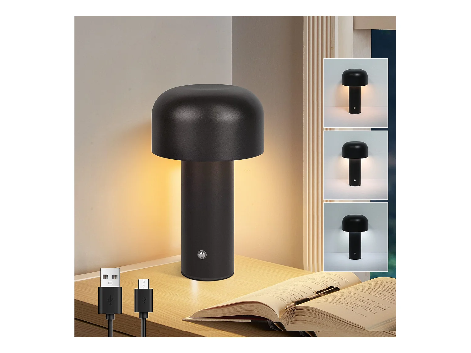 NETTLIFE Lampe de table LED sans fil à piles à intensité variable 2 W Lampe de chevet pour chambre à coucher Petite lampe champignon