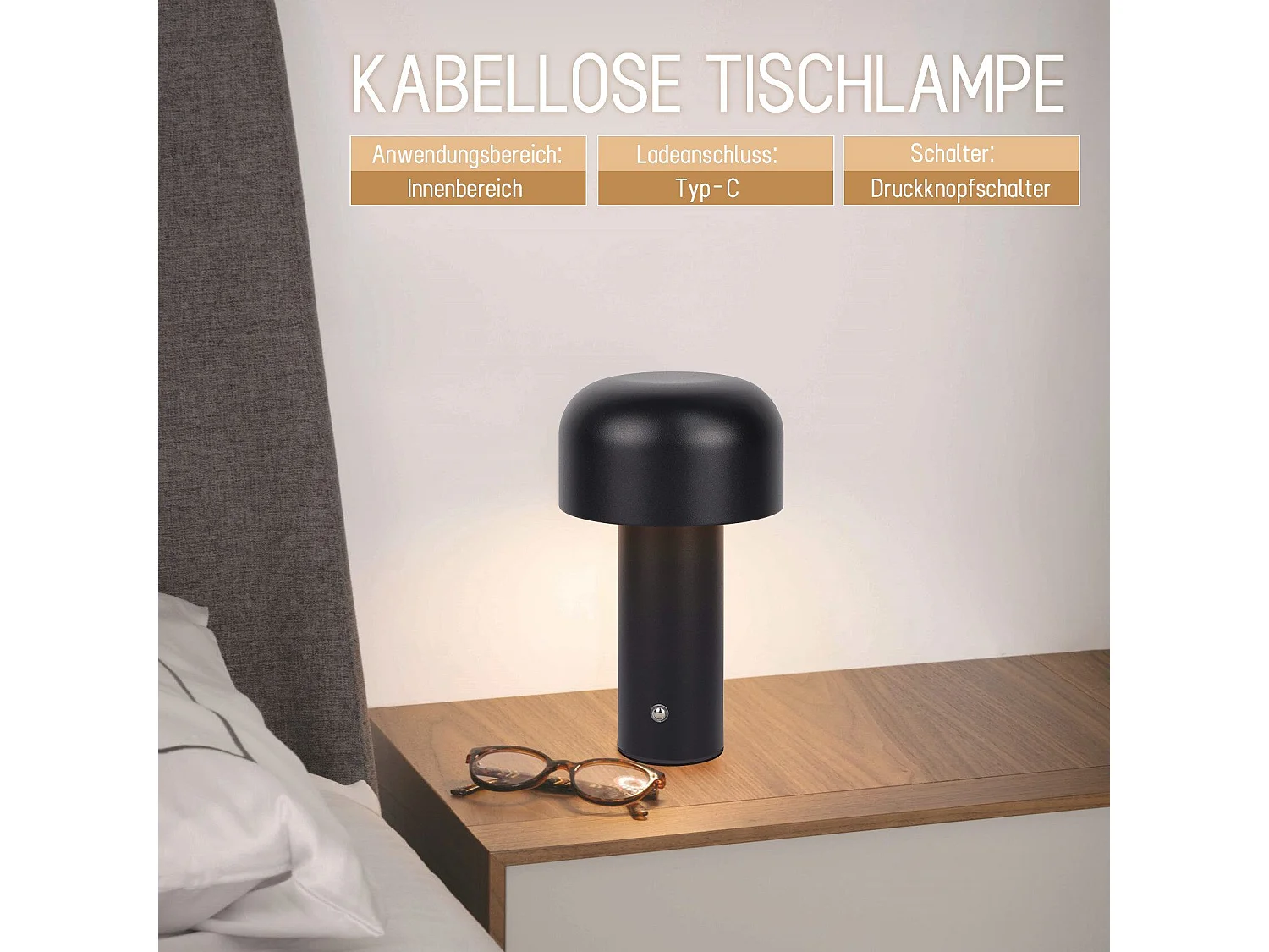 NETTLIFE Lampe de table LED sans fil à piles à intensité variable 2 W Lampe de chevet pour chambre à coucher Petite lampe champignon
