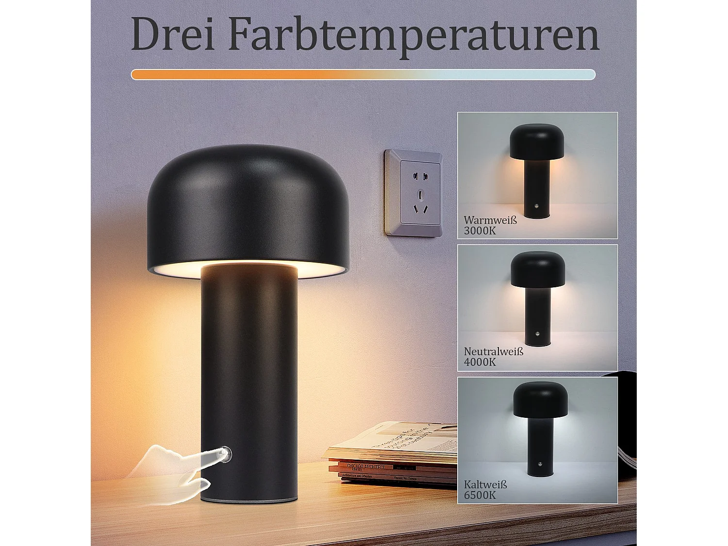 NETTLIFE Lampe de table LED sans fil à piles à intensité variable 2 W Lampe de chevet pour chambre à coucher Petite lampe champignon