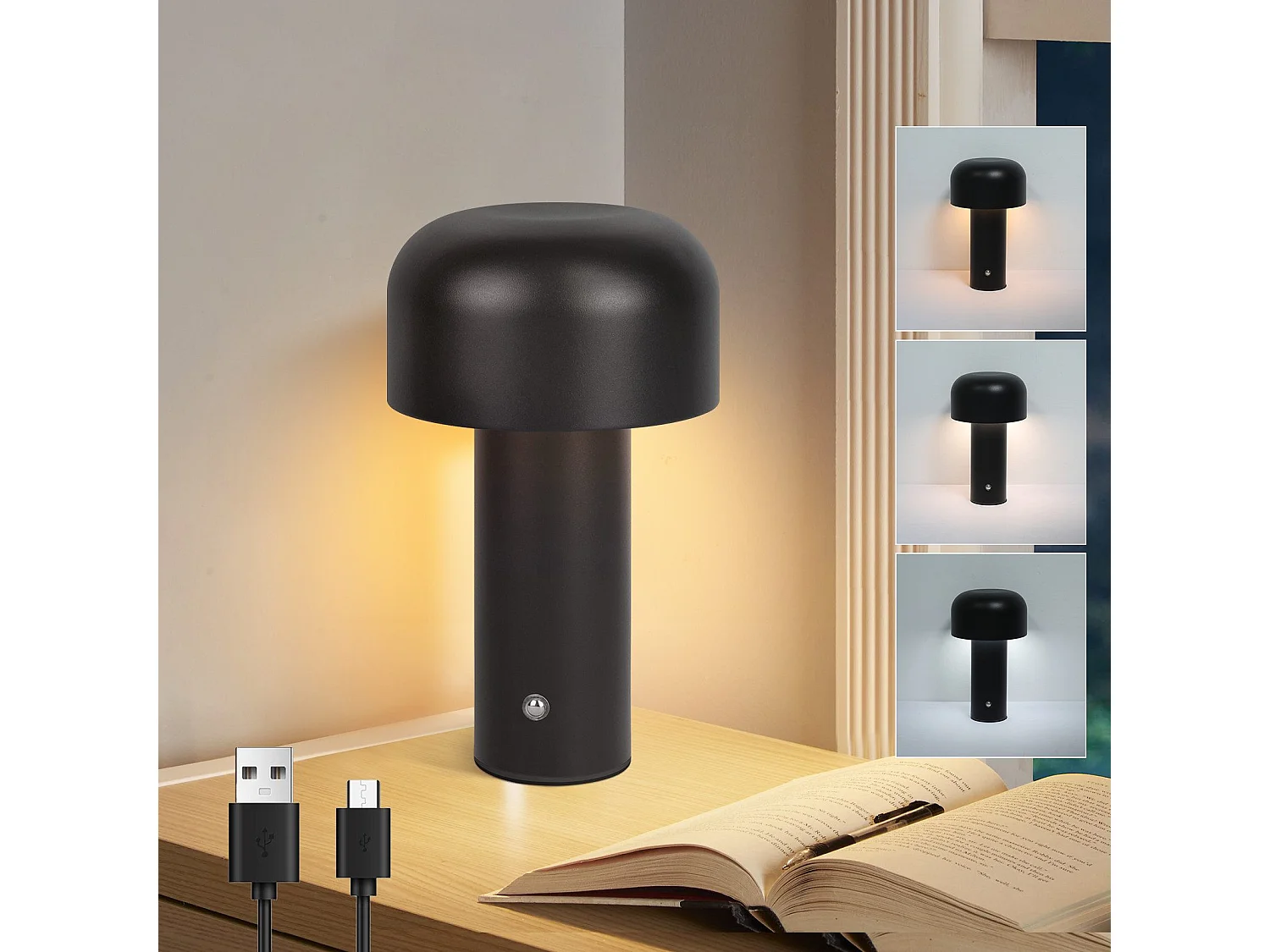 NETTLIFE Lampe de table LED sans fil à piles à intensité variable 2 W Lampe de chevet pour chambre à coucher Petite lampe champignon