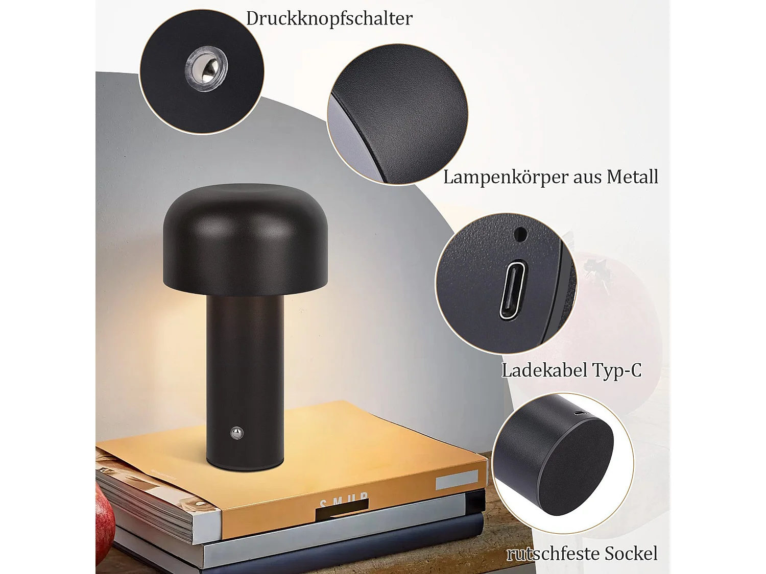 NETTLIFE Lampe de table LED sans fil à piles à intensité variable 2 W Lampe de chevet pour chambre à coucher Petite lampe champignon