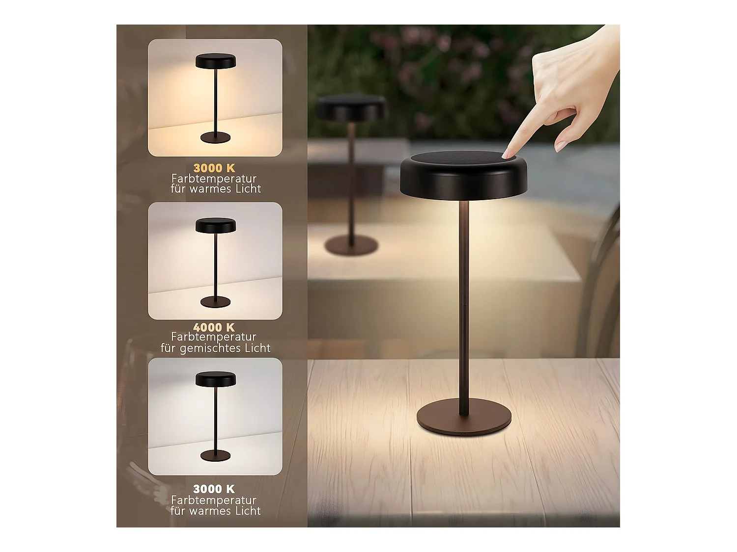 NETTLIFE Solar LED tafellamp, draadloos oplaadbaar, aanraakgevoelig, dimbaar, zwart, 3600 mhA, met USB-batterij