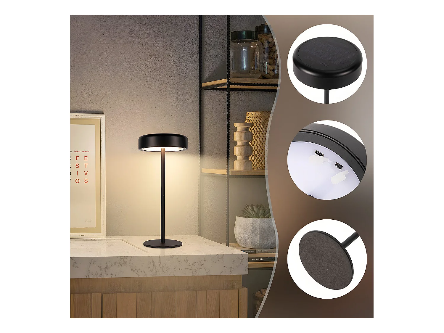 NETTLIFE Solar LED tafellamp, draadloos oplaadbaar, aanraakgevoelig, dimbaar, zwart, 3600 mhA, met USB-batterij