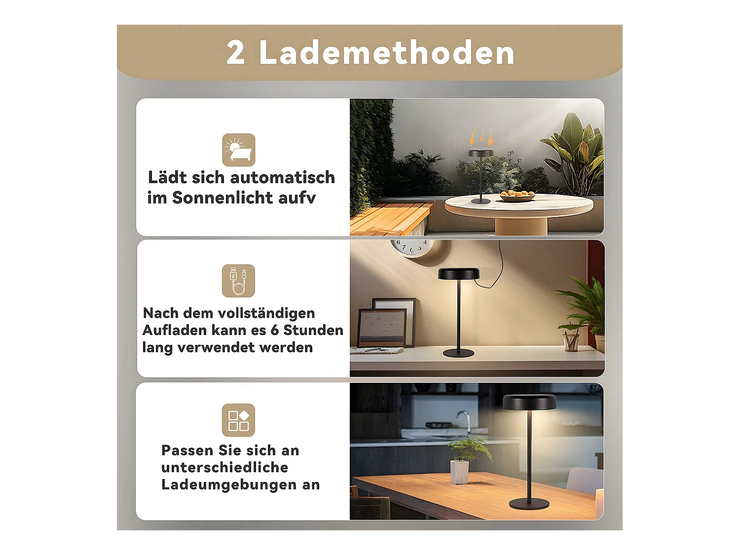 NETTLIFE Solar LED tafellamp, draadloos oplaadbaar, aanraakgevoelig, dimbaar, zwart, 3600 mhA, met USB-batterij