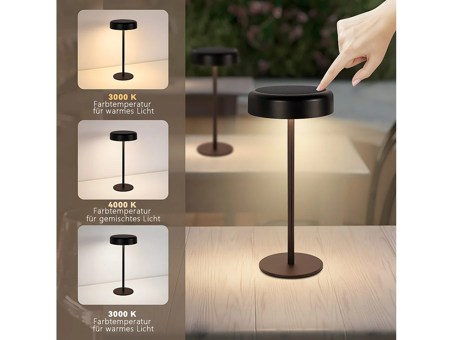 NETTLIFE Lampe de table LED solaire  sans fil rechargeable tactile à intensité variable noire 3 600 mhA avec batterie USB