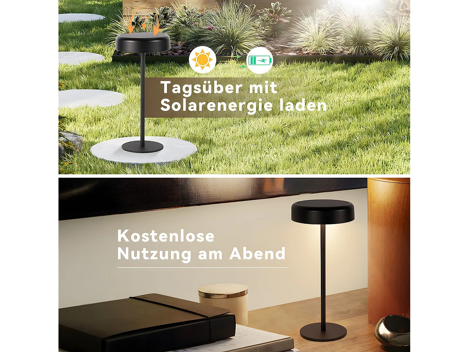 NETTLIFE Lampe de table LED solaire  sans fil rechargeable tactile à intensité variable noire 3 600 mhA avec batterie USB