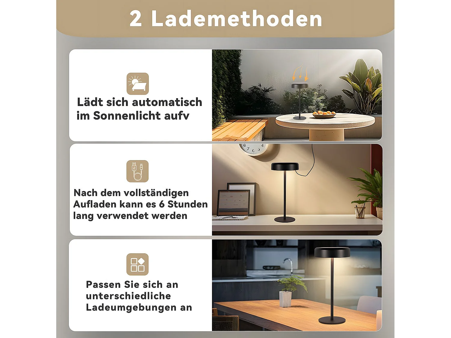 NETTLIFE Lampe de table LED solaire  sans fil rechargeable tactile à intensité variable noire 3 600 mhA avec batterie USB