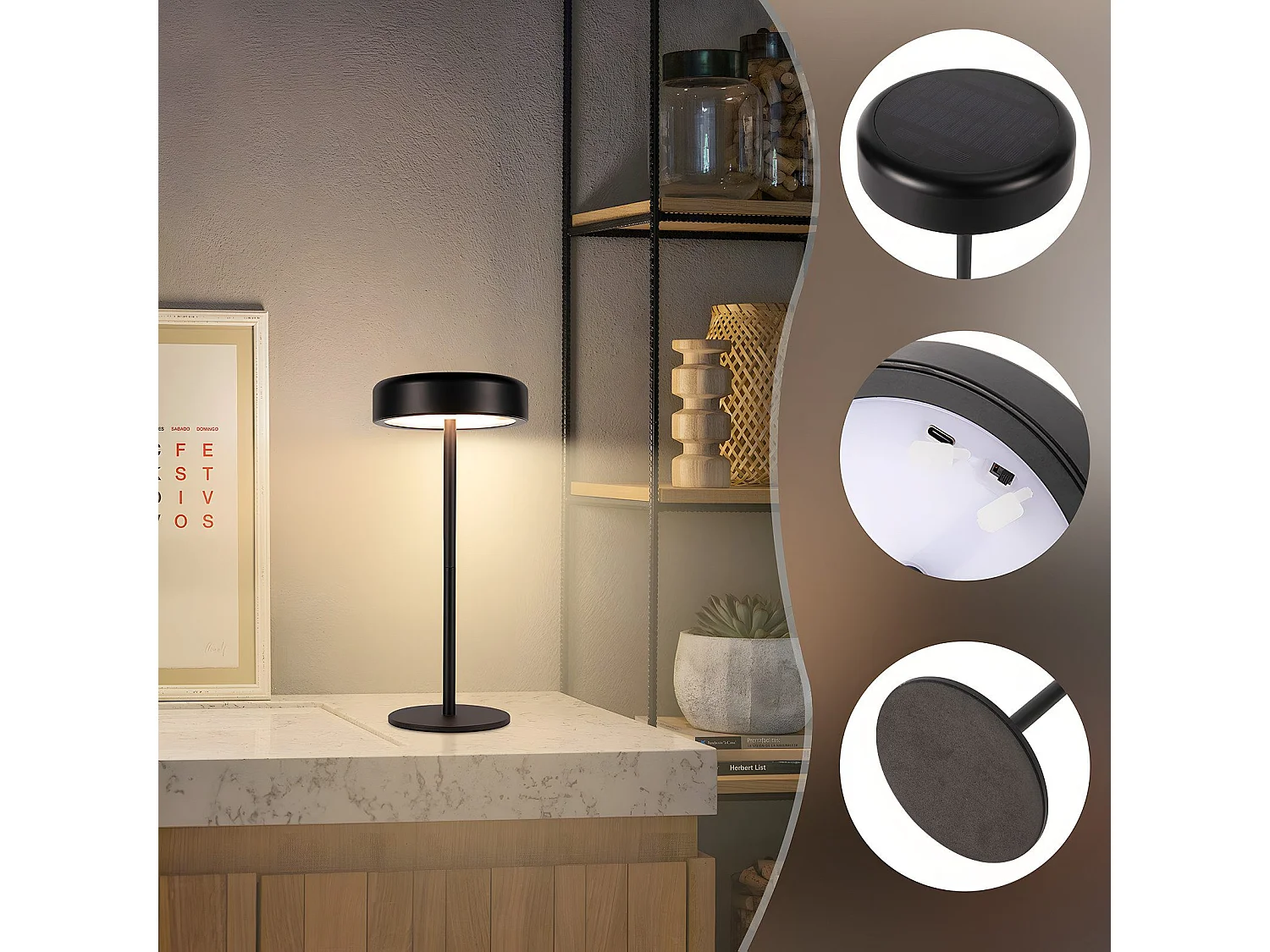 NETTLIFE Lampe de table LED solaire  sans fil rechargeable tactile à intensité variable noire 3 600 mhA avec batterie USB