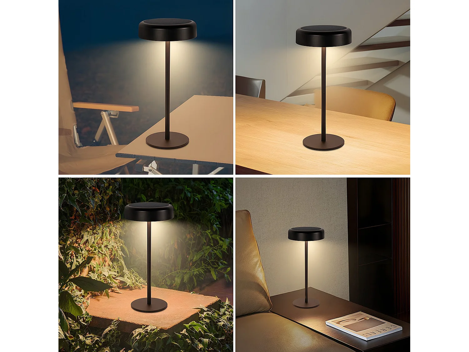 NETTLIFE Lampe de table LED solaire  sans fil rechargeable tactile à intensité variable noire 3 600 mhA avec batterie USB