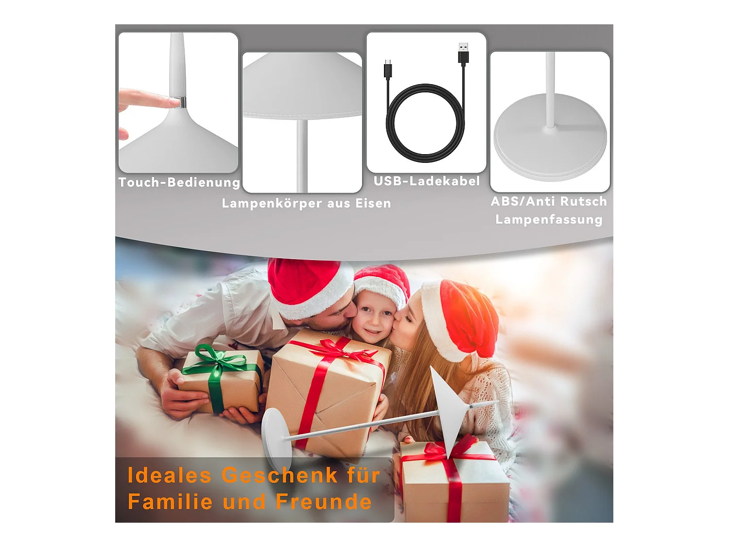 NETTLIFE Batteriebetriebene Tischlampe LED-Nachttischlampe ohne Kabel 1800 mAh wiederaufladbar Touch-dimmbar moderne Tischlampe für den Außenbereich Weiß IP44