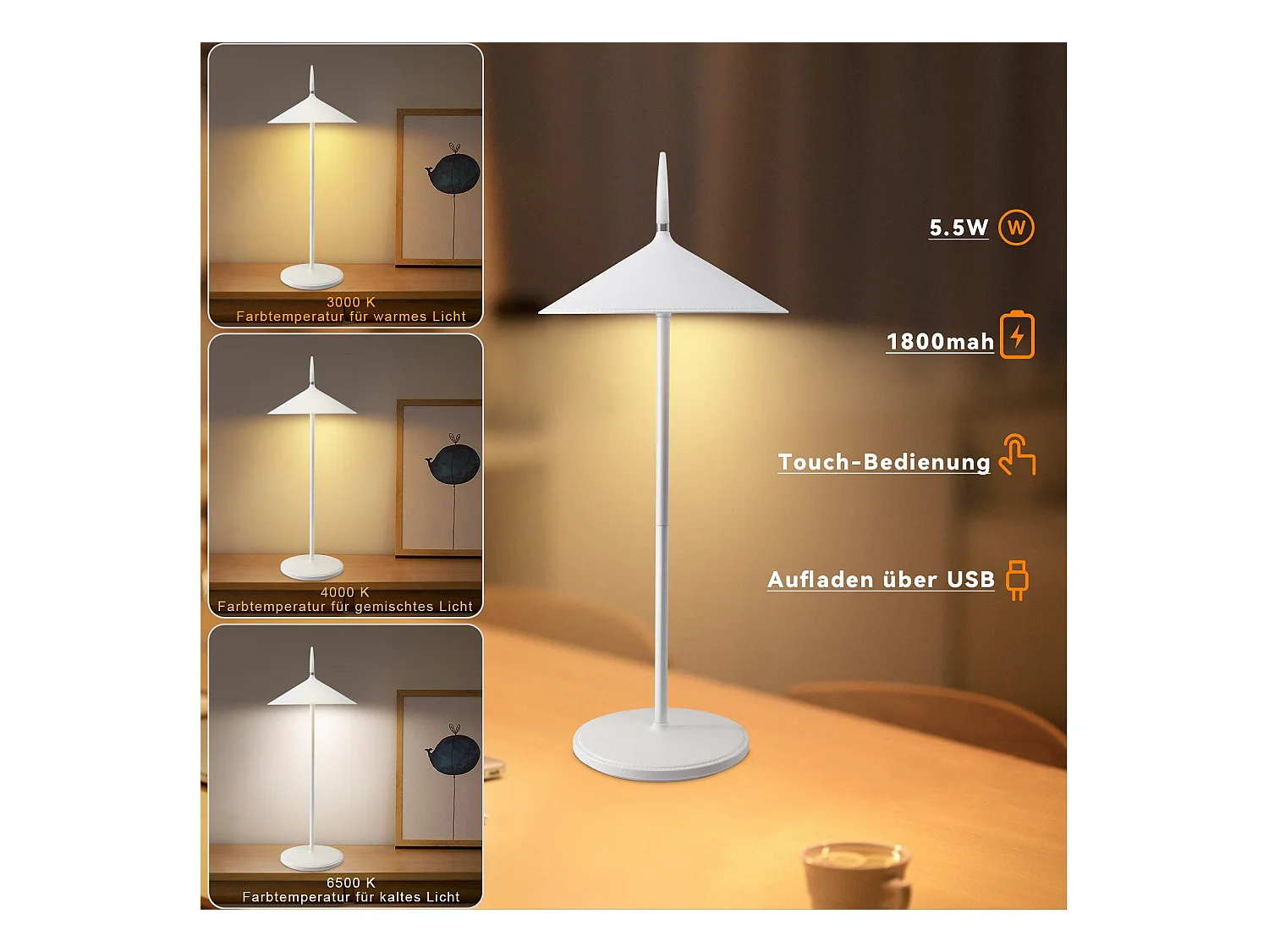 NETTLIFE Lampe de table à piles, lampe de chevet sans fil LED 1800mhA rechargeable tactile dimmable lampe de table d'extérieur moderne blanche IP44