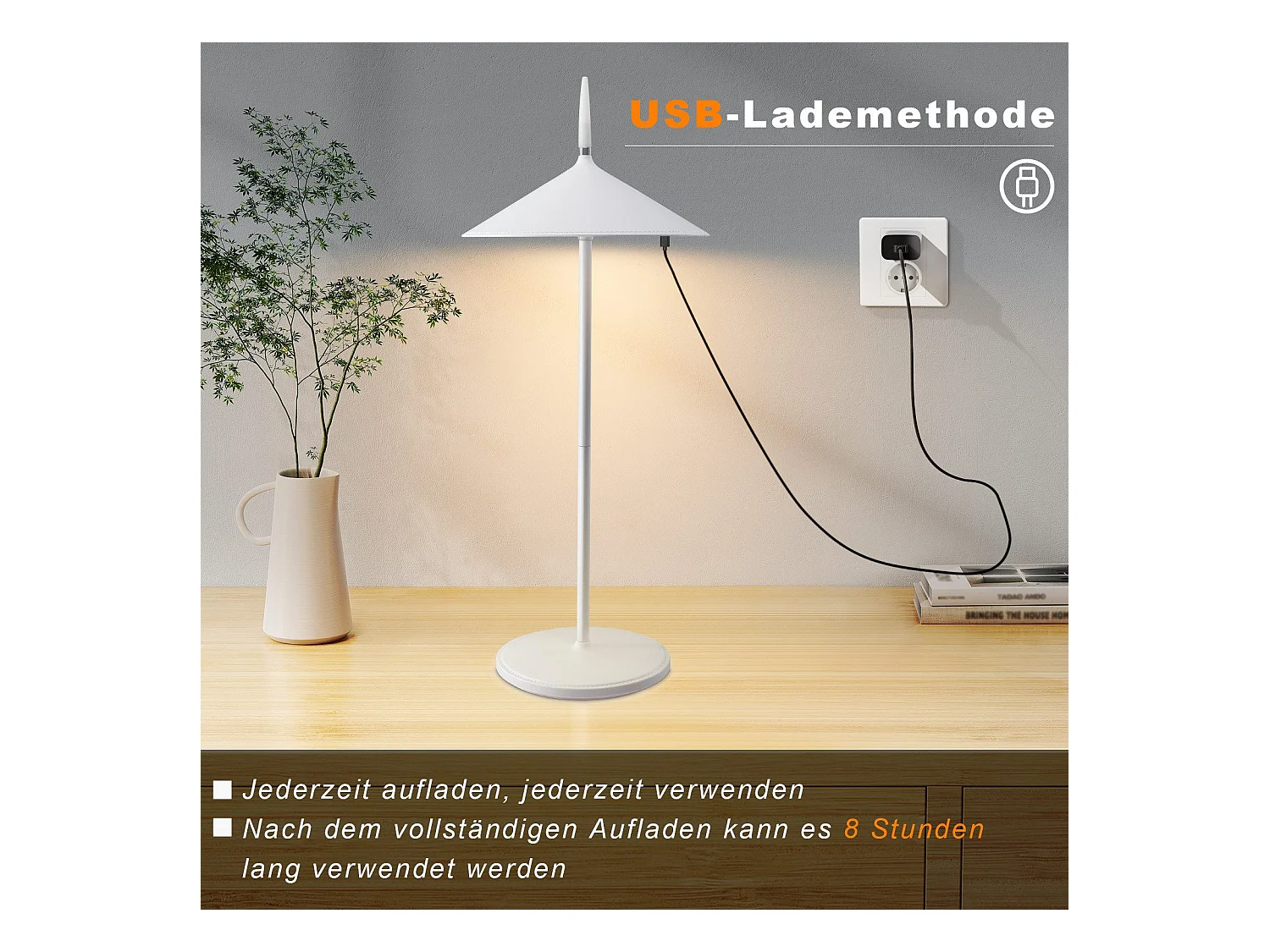 NETTLIFE Lampe de table à piles, lampe de chevet sans fil LED 1800mhA rechargeable tactile dimmable lampe de table d'extérieur moderne blanche IP44