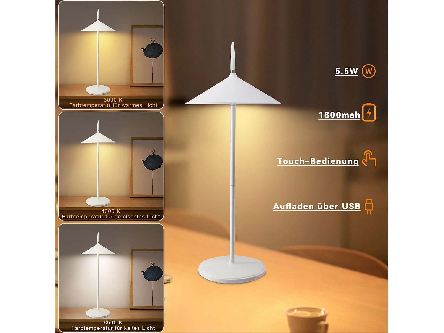 NETTLIFE Lampa stołowa zasilana bateriami bezprzewodowa lampa nocna LED 1800mhA akumulatorowa dotykowa ściemnialna nowoczesna zewnętrzna lampa stołowa biała IP44