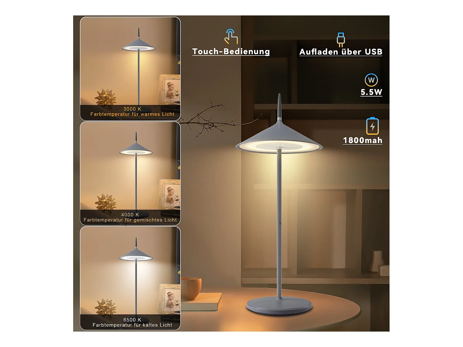 NETTLIFE Lampe de table sans fil, lampe de chevet LED, batterie 1800mhA, rechargeable, tactile, dimmable, moderne, IP44, avec USB