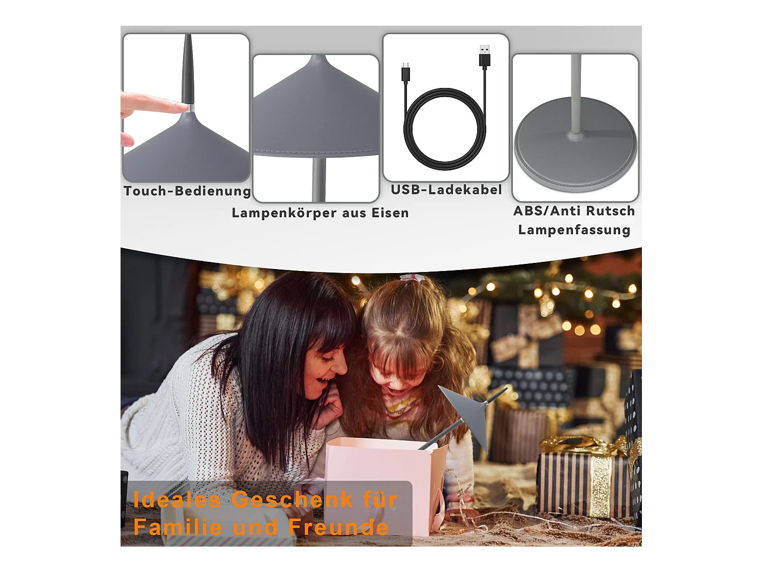 NETTLIFE Lampe de table sans fil, lampe de chevet LED, batterie 1800mhA, rechargeable, tactile, dimmable, moderne, IP44, avec USB