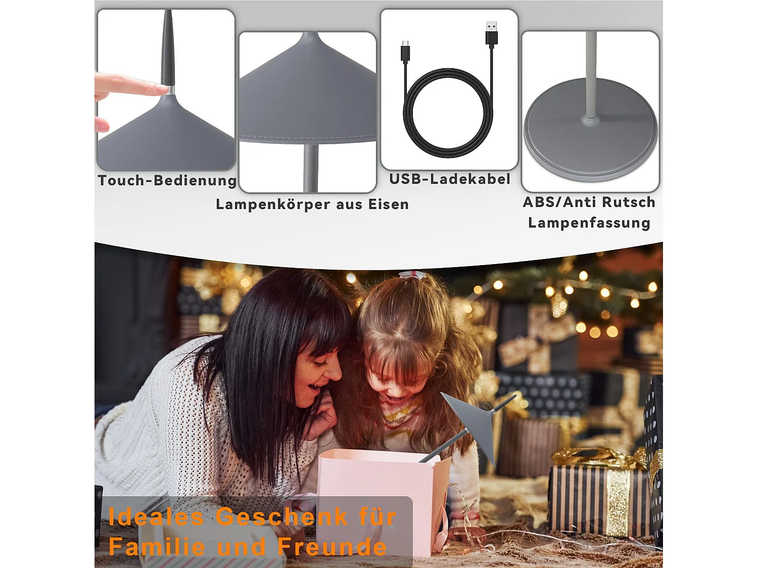 NETTLIFE Lampe de table sans fil, lampe de chevet LED, batterie 1800mhA, rechargeable, tactile, dimmable, moderne, IP44, avec USB