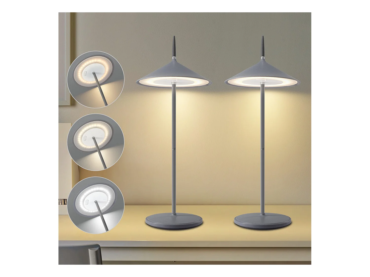 NETTLIFE Lampe de table sans fil lampe de chevet batterie lot de 2 lampes de table LED 1800mhA rechargeable tactile dimmable moderne gris IP44 USB