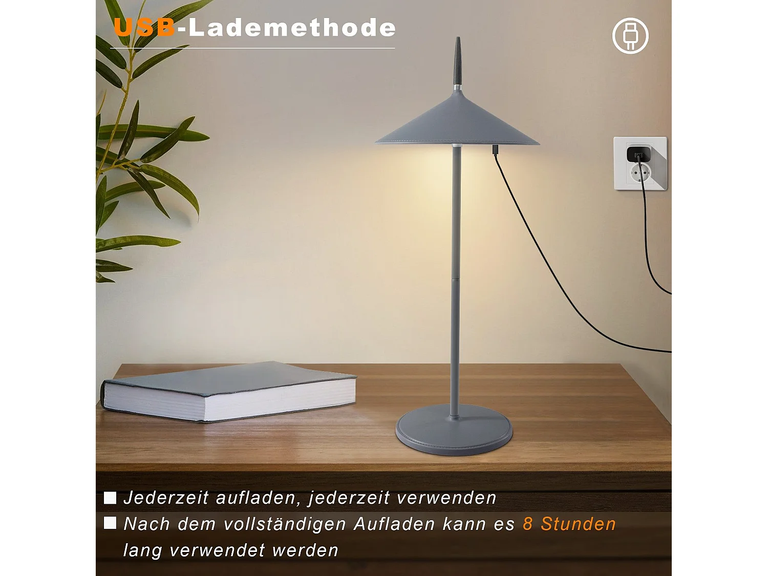 NETTLIFE Lámpara de mesa inalámbrica, lámpara de noche, juego de 2 LED recargables de 1800 mhA, táctiles, regulables, modernas, grises, IP44, USB.