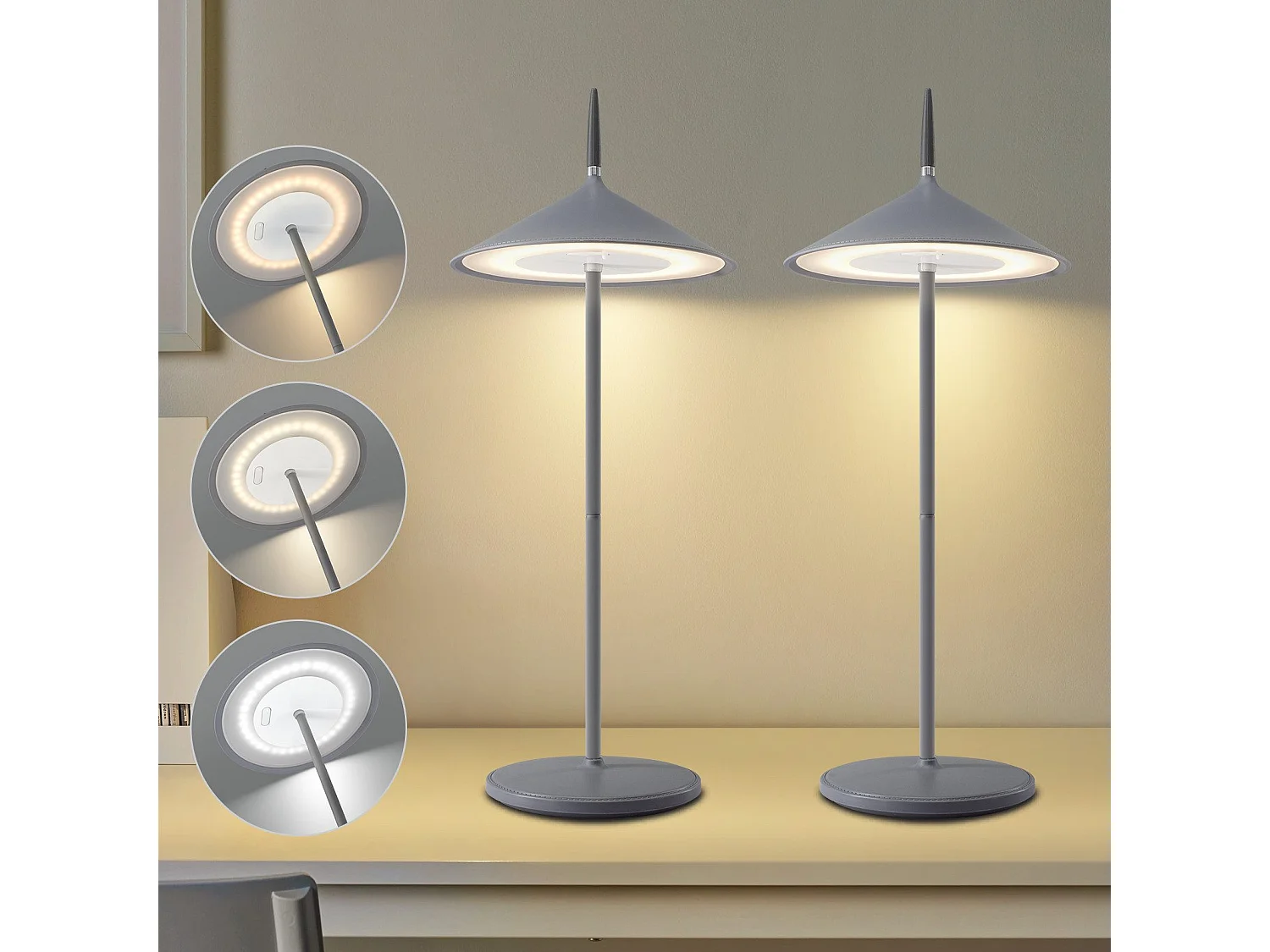 NETTLIFE Lampe de table sans fil lampe de chevet batterie lot de 2 lampes de table LED 1800mhA rechargeable tactile dimmable moderne gris IP44 USB