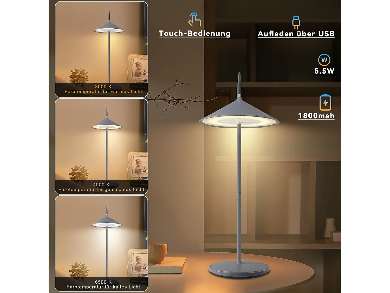 NETTLIFE Lampe de table sans fil lampe de chevet batterie lot de 2 lampes de table LED 1800mhA rechargeable tactile dimmable moderne gris IP44 USB