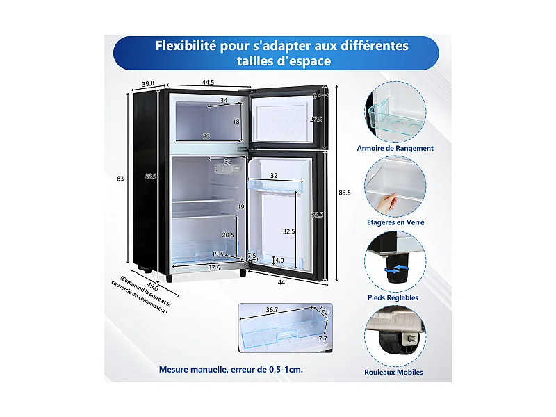Koel-vriescombinatie 51L+21L, met LED en 7 temperaturen, transparante lades, 39 dB, 120 kWh, Energieklasse E