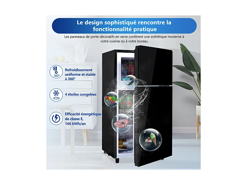 Koel-vriescombinatie 51L+21L, met LED en 7 temperaturen, transparante lades, 39 dB, 120 kWh, Energieklasse E