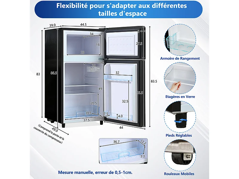 Réfrigérateur congélateur combiné 51 L+21 L, avec LED et 7 température, tiroirs transparent, 39 dB, 120 kWh , Classe énergétique E