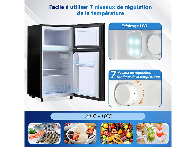 Réfrigérateur congélateur combiné 51 L+21 L, avec LED et 7 température, tiroirs transparent, 39 dB, 120 kWh , Classe énergétique E