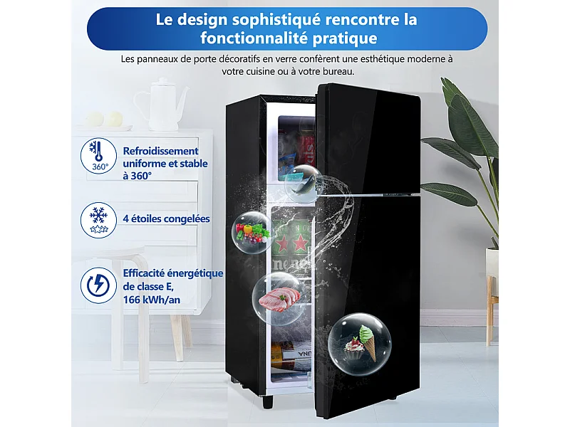 Réfrigérateur congélateur combiné 51 L+21 L, avec LED et 7 température, tiroirs transparent, 39 dB, 120 kWh , Classe énergétique E