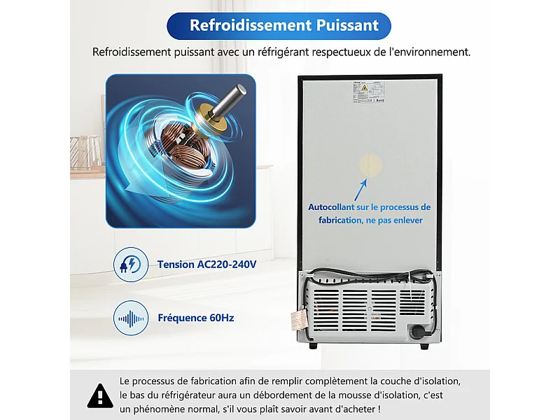 Réfrigérateur congélateur combiné 51 L+21 L, avec LED et 7 température, tiroirs transparent, 39 dB, 120 kWh , Classe énergétique E