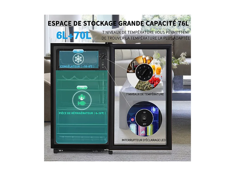 Réfrigérateur 76L avec congélateur et compartiment à légumes - Classe E - avec LED et porte en verre - 42dB - température réglable - 43.5x40x71.6cm