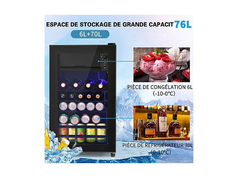 Réfrigérateur 76L avec congélateur et compartiment à légumes - Classe E - avec LED et porte en verre - 42dB - température réglable - 43.5x40x71.6cm