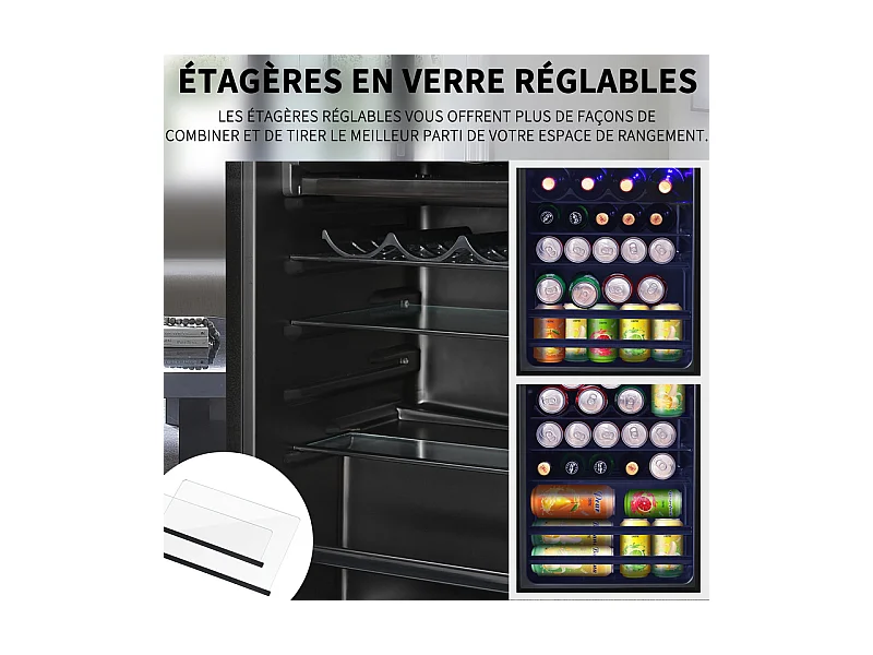 Réfrigérateur 76L avec congélateur et compartiment à légumes - Classe E - avec LED et porte en verre - 42dB - température réglable - 43.5x40x71.6cm