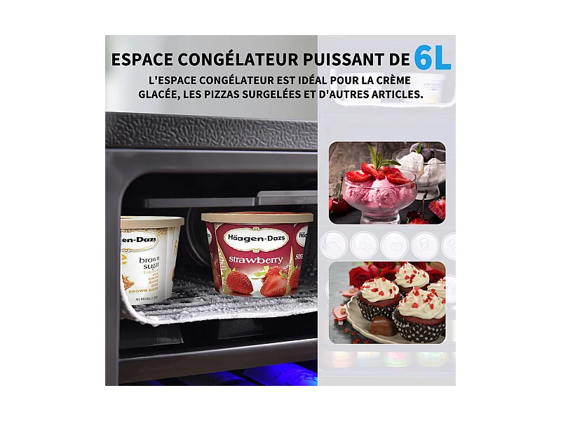 Réfrigérateur 76L avec congélateur et compartiment à légumes - Classe E - avec LED et porte en verre - 42dB - température réglable - 43.5x40x71.6cm