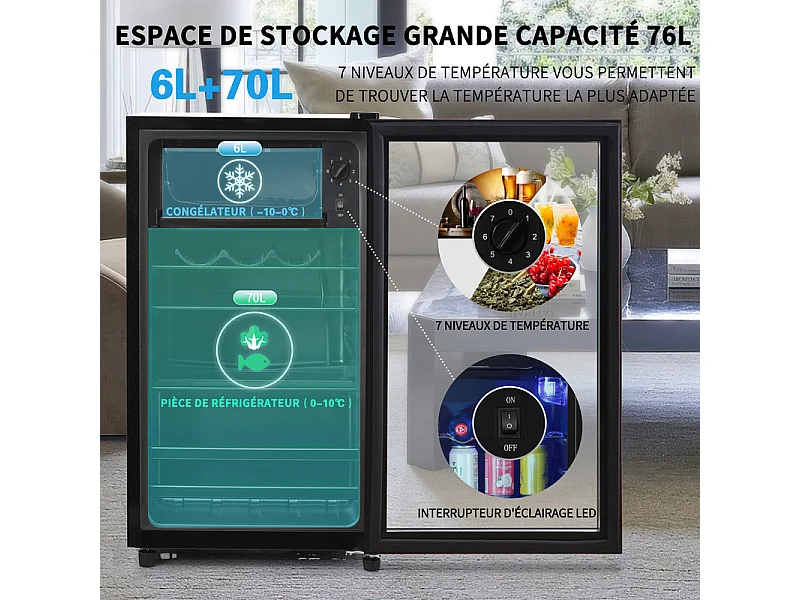 Réfrigérateur 76L avec congélateur et compartiment à légumes - Classe E - avec LED et porte en verre - 42dB - température réglable - 43.5x40x71.6cm