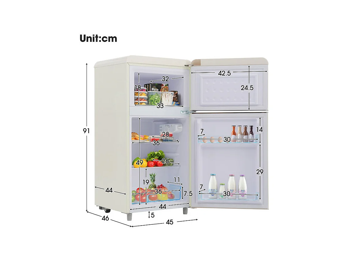 Dubbele deur koelkast met verstelbare en casters - 72L - 120KWH/jaar - Laag geluidsniveau van 39 dB - Klasse E - 45x44x91cm