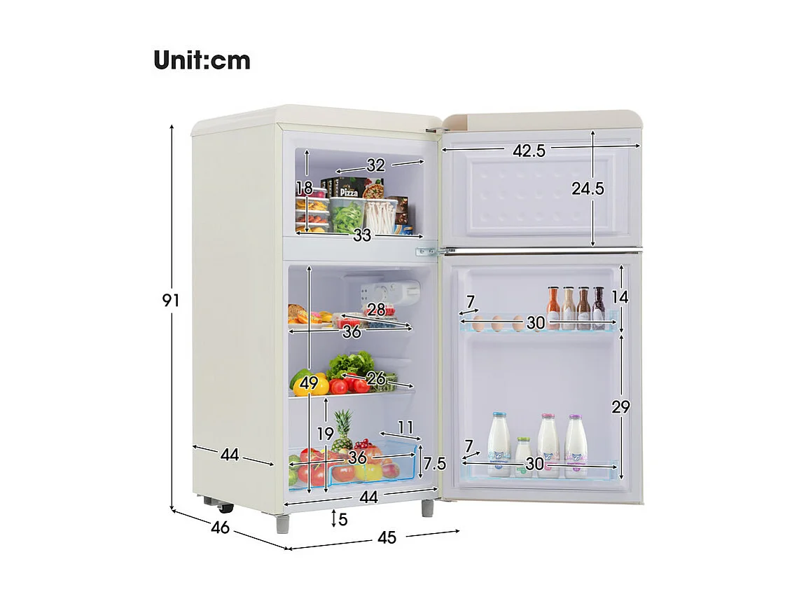 Refrigerador de doble puerta con ajustes y ruedas - 72L - 120kWh/año - Nivel de ruido bajo de 39 dB - Clase E - 45x44x91cm