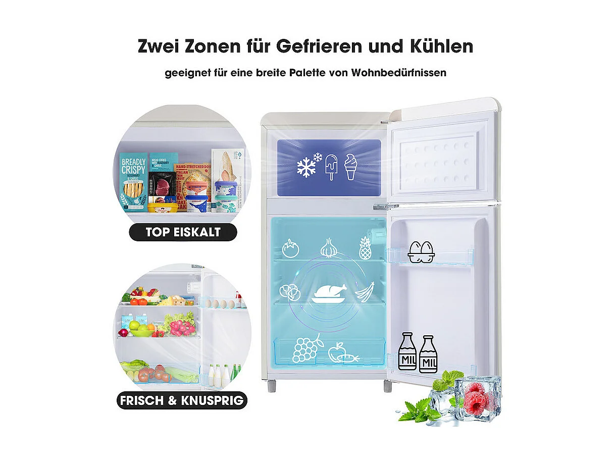 Refrigerador de doble puerta con ajustes y ruedas - 72L - 120kWh/año - Nivel de ruido bajo de 39 dB - Clase E - 45x44x91cm