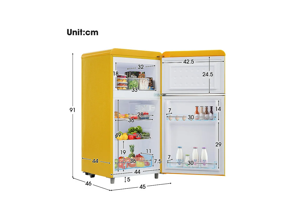 Réfrigérateur à double porte avec pieds réglables et roulettes - 72L - 120kWh/an - Faible niveau sonore de 39 dB - Classe énergétique E - 45x44x91cm