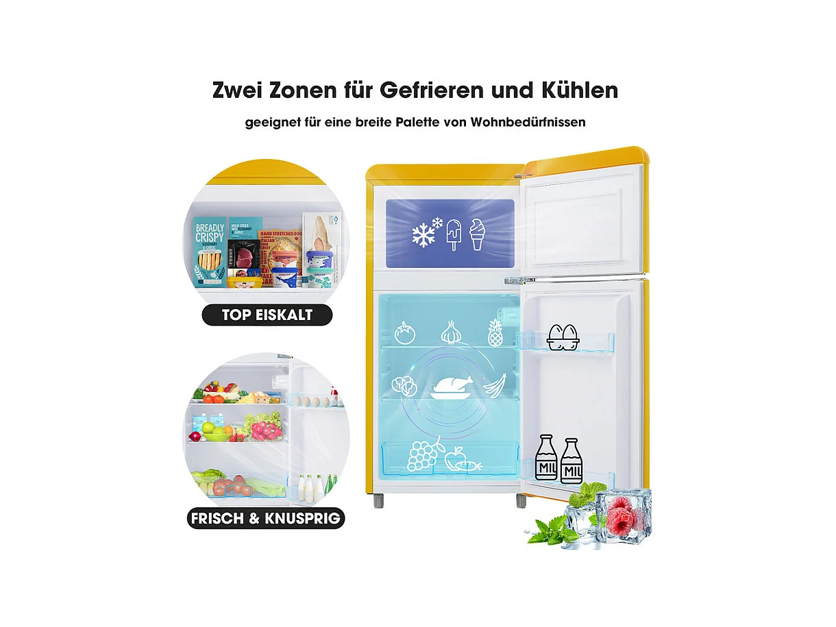 Réfrigérateur à double porte avec pieds réglables et roulettes - 72L - 120kWh/an - Faible niveau sonore de 39 dB - Classe énergétique E - 45x44x91cm