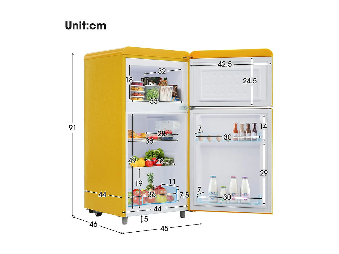 Réfrigérateur à double porte avec pieds réglables et roulettes - 72L - 120kWh/an - Faible niveau sonore de 39 dB - Classe énergétique E - 45x44x91cm
