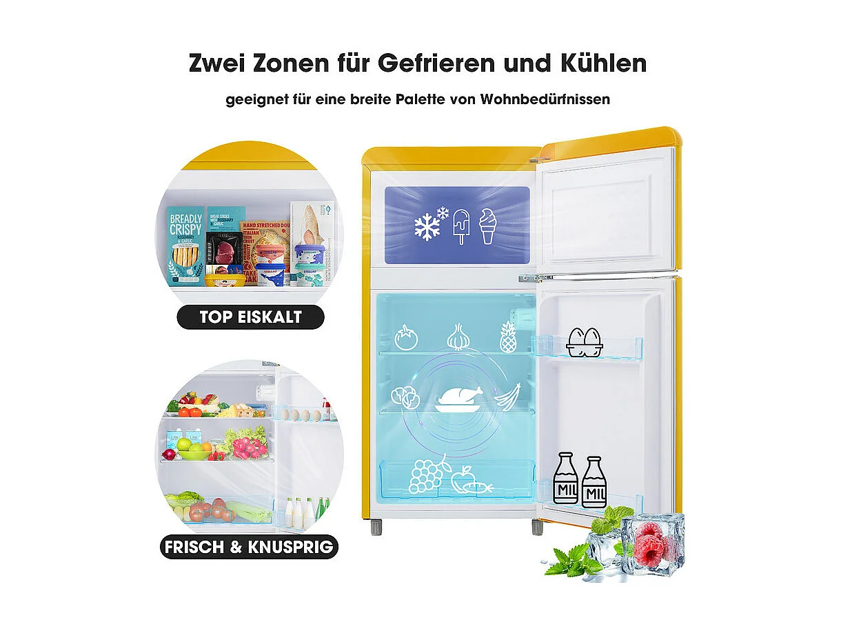 Réfrigérateur à double porte avec pieds réglables et roulettes - 72L - 120kWh/an - Faible niveau sonore de 39 dB - Classe énergétique E - 45x44x91cm