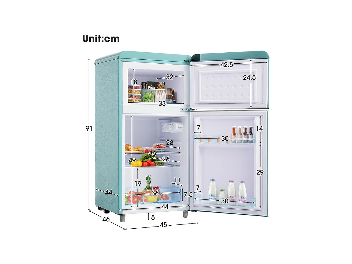 Frigorifero a doppia porta con regolabile e ruote - 72L - 120kWh/anno - Livello di rumore basso di 39 dB - Classe E - 45x44x91cm