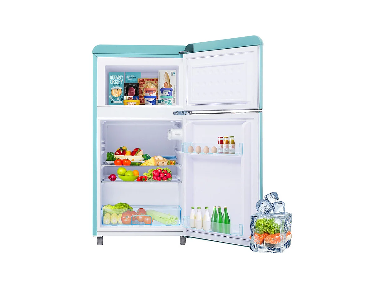 Frigorifero a doppia porta con regolabile e ruote - 72L - 120kWh/anno - Livello di rumore basso di 39 dB - Classe E - 45x44x91cm